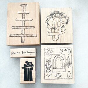 Scrapbooking Wooden Rubber Stamps Seasons Greetings 5 Stamps